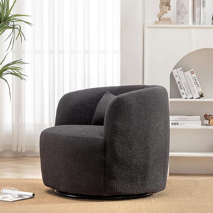 KINWELL 34" Wide Boucle Swivel Barrel Chair, No Assembly Round Upholstered Armchair Accent Chair Single Sofa Chair with Toss Pillow for Living Room and Bedroom, Dark Grey-Ruum Studio Home