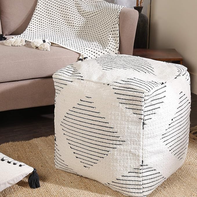 REDEARTH · Tufted Pouf Ottoman with Filler Textured Storage Cube Bean Bag Pouffe Footrest for Living Room, Bedroom, Nursery, Kidsroom; 100% Cotton (17.5"X17.5"X17.5", Loom Story 3 Natural Black)-Ruum Studio Home