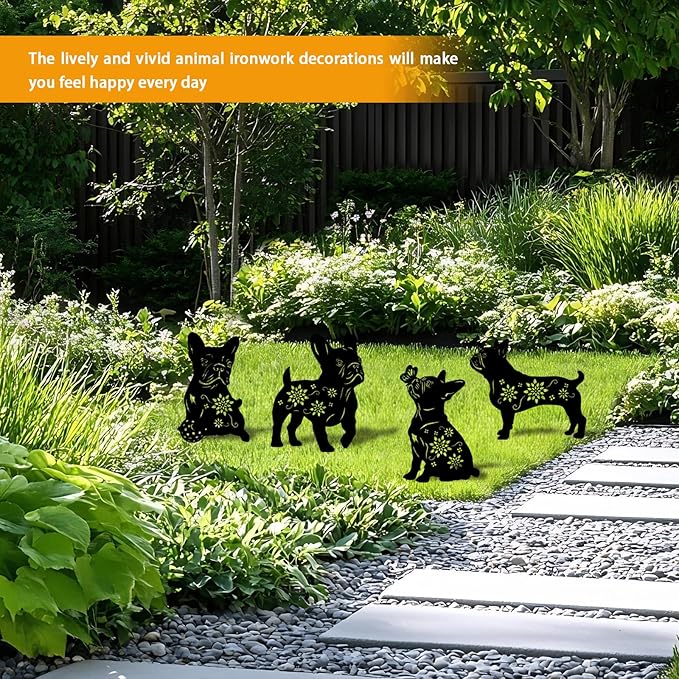 4 Pack Bulldog Metal Garden Decorative Stakes, Weather Proof Puppy Silhouette Statues for Yard, Patio,Outdoor Decor for Bulldog Lovers and Pet Owners-Ruum Studio Home