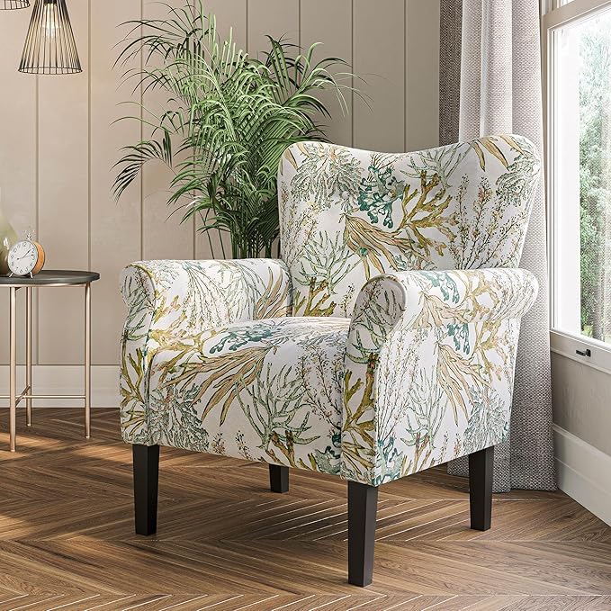 BELLEZE Modern Accent Chair for Living Room, High Back Linen Armchair with Wooden Legs, Upholstered Wingback Side Chair Padded Armrest Single Sofa for Living Room, Bedroom - Allston (Green Coral)-Ruum Studio Home