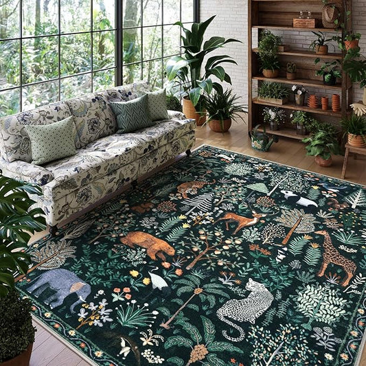 OJIA Jungle Print 9x12 Area Rugs for Living Room, Green Soft Bedroom Rug Washable Rugs 9x12, Modern Dining Room Rug Stain Resistant Ultra-Thin Floor Carpet for Playroom Kids Room Nursery-Ruum Studio Home