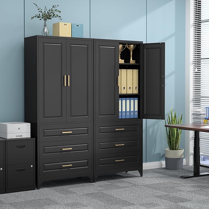75" Kitchen Pantry Cabinet, Metal Storage Cabinets with Doors and Adjustable Shelves, Black Tall Pantry Cabinet with 3 Drawers for Dinning Living Room-Ruum Studio Home