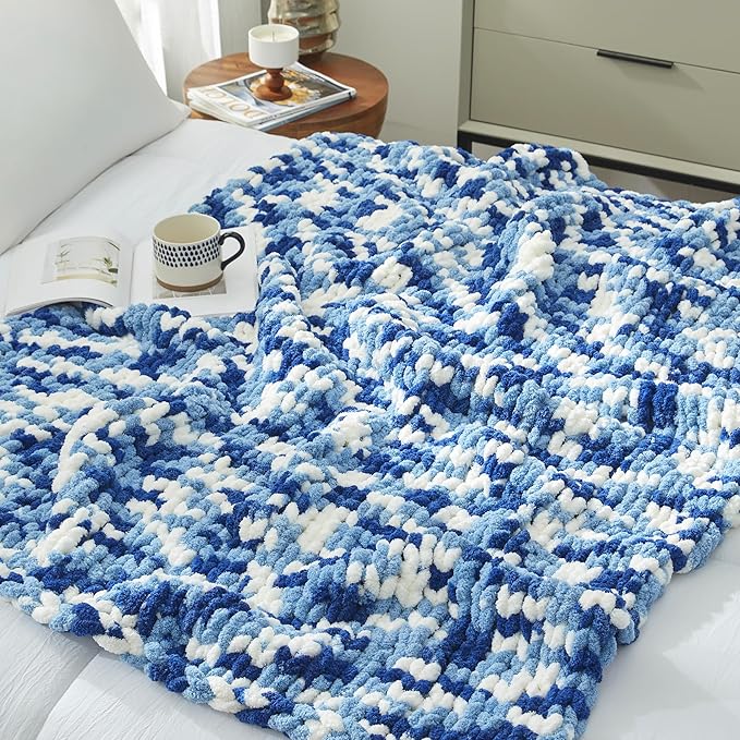 Amélie Home Chunky Knit Throw Blanket for Couch, Soft Chenille Crochet Blanket for Sofa, 50"x60", Space-Dyed Blue-Ruum Studio Home