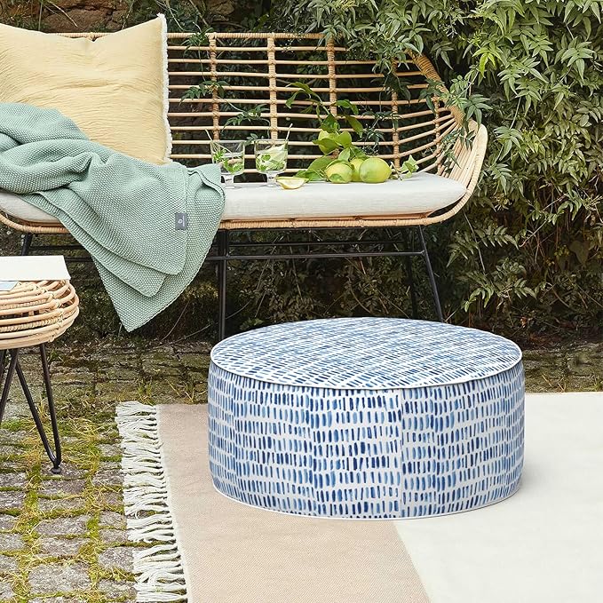 LVTXIII Outdoor Inflatable Ottoman Stool, Patio Water Repellent Footrest Stool with Handle, Portable Outside Round Ottoman for Patio Garden, Camping or Home Use, 21"x21"x9", Blue Pebble-Ruum Studio Home