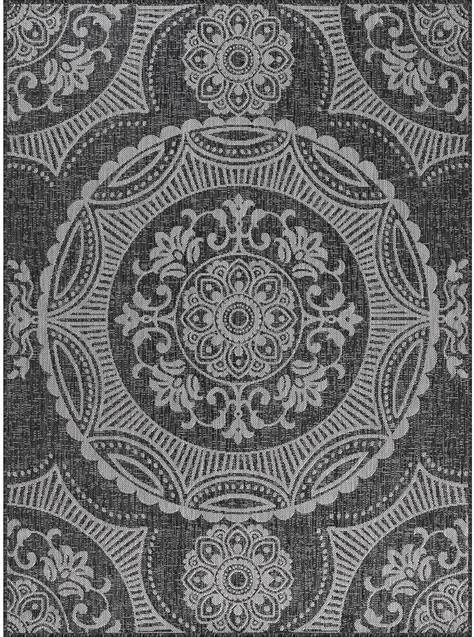 Medallion Outdoor Rug 10x14 Washable Outside Carpet for Indoor Patio Porch Waterproof Easy Cleaning Non Shedding Area Rugs Dark Gray 10 x 14-Ruum Studio Home