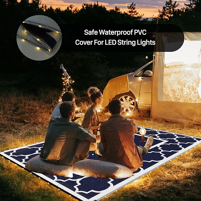 GENIMO 6' x 9' Outdoor Rug Waterproof for Patio Decor, Foldable Reversible Plastic Straw Area Rugs Mat with String Light, Led Carpet for Camper, Rv, Deck, Porch, Picnic, Beach, Balcony, Blue & White-Ruum Studio Home