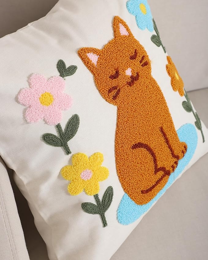 katre home madame & textile Cat Throw Pillow Cover – 100% Cotton Embroidered Decorative Cushion Case 18x18 – Handmade Punch Needle Pillow for Sofa, Bed, Couch or Gift for Cat Lovers-Ruum Studio Home