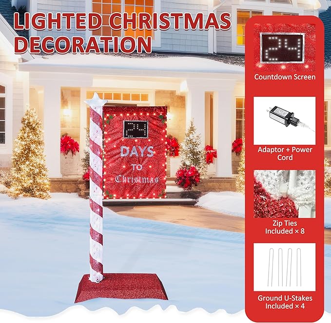 5FT Lighted Christmas Countdown Sign, Remote Control Available Within 0-60 Days, Holiday Countdown Sign Decor with 125 LED Lights, Freestanding Glittered Holiday Display for Outdoor, Indoor-Ruum Studio Home