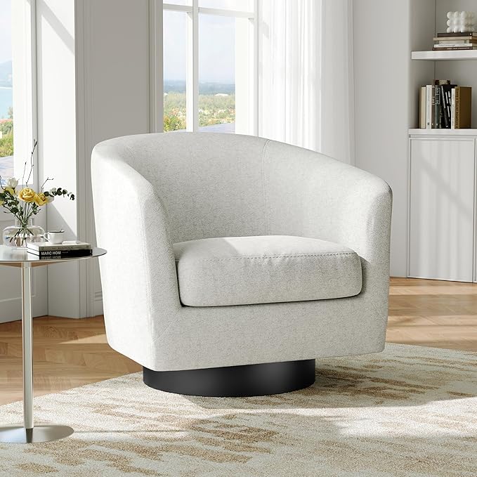 Swivel Barrel Accent Chair, Modern Round Chenille Fabric Arm Chair for Living Room, Bedroom, Comfy Club Reading Chairs for Adults（Chenille Fabric, Beige, Set of 2-Ruum Studio Home