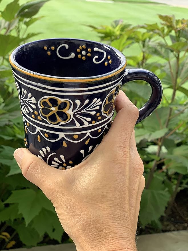 Encantada Handmade Hand-Painted Authentic Mexican Pottery Mugs (2-Pack, Blue Helecho)-Ruum Studio Home