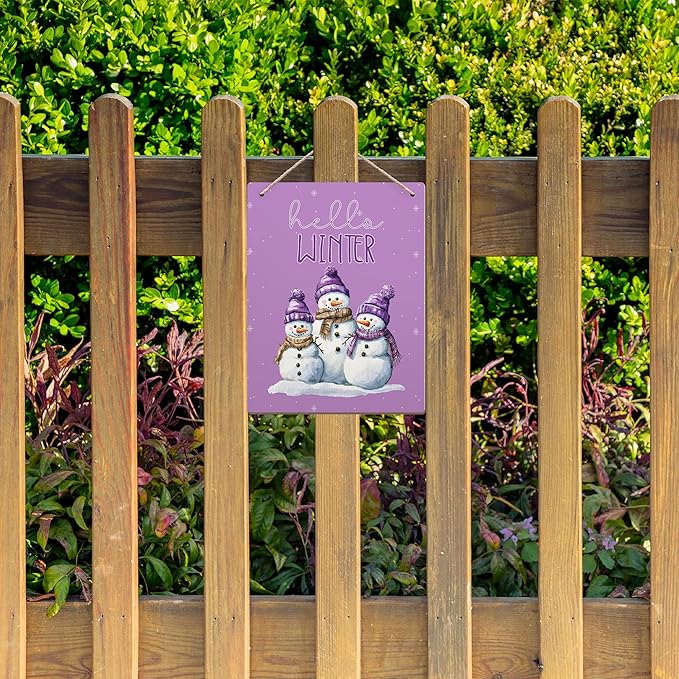 Purple Hello Winter Snowman Hanging Wooden Signs 10x8, Snowman Winter Signs, Winter Door Sign, Purple Snowman Winter Snowflakes Home Room Office Hanging Wall Decor-Ruum Studio Home