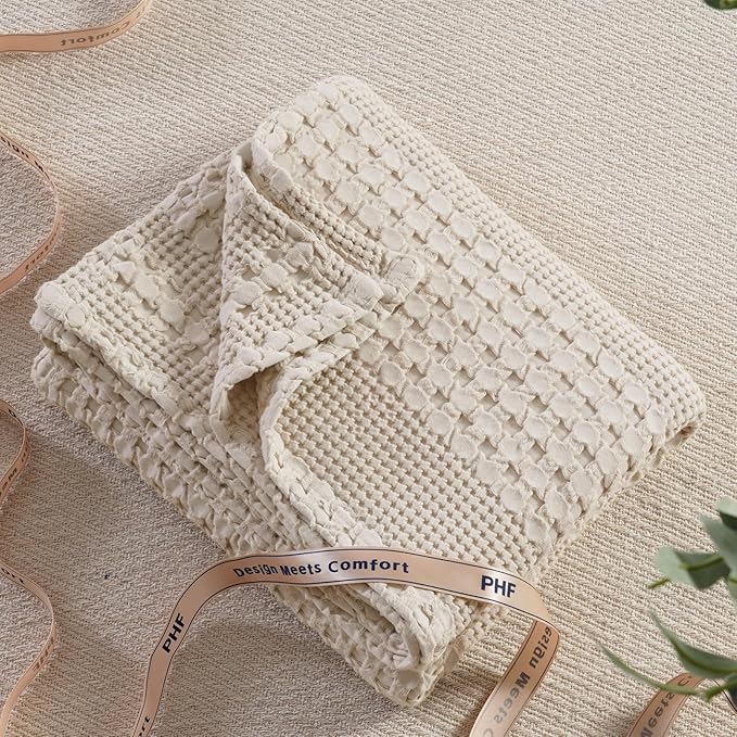 PHF 100% Cotton Waffle Weave Throw Blanket, Soft Lightweight Breathable Cozy Summer Throws for Couch Bed Sofa, Luxury Aesthetic Woven Blanket for Home Decor & Office, 50"x60", Oatmeal-Ruum Studio Home