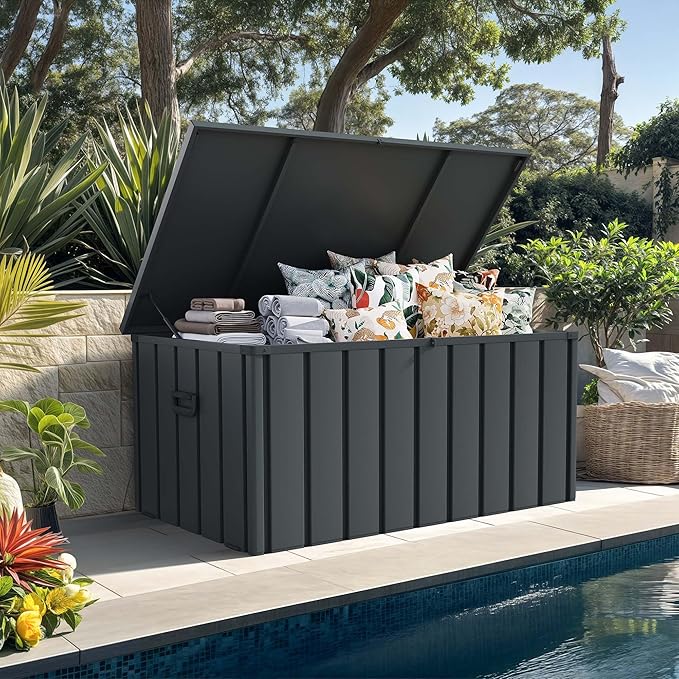 PURPLE LEAF Outdoor Deck Box 150 Gallon Waterproof Lockable Storage Box Container with Lid Deck Organization for Patio Cushions Side Table Pool Accessories Garden Tools, Gray-Ruum Studio Home