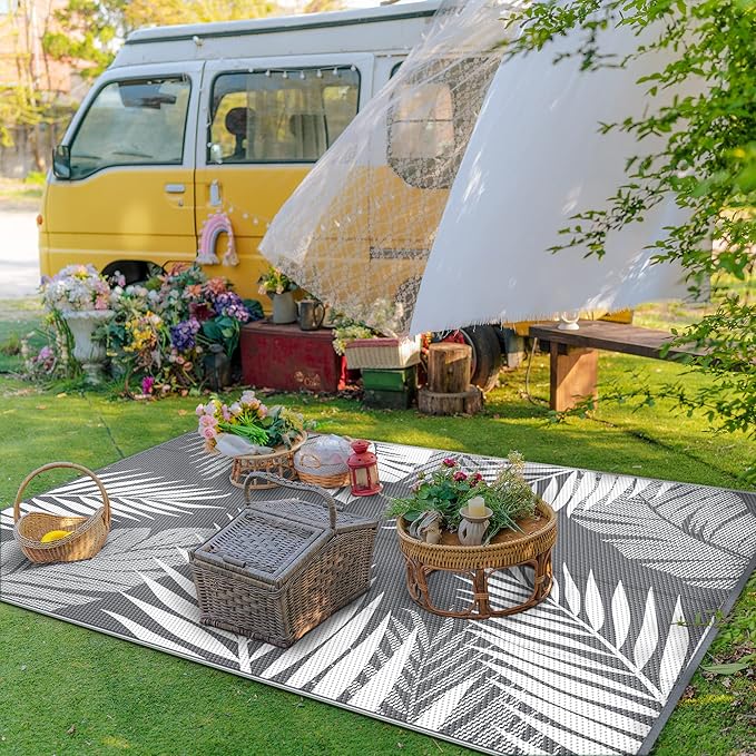 GENIMO Outdoor Rug 6' x 9' Waterproof for Patios Clearance, Reversible Plastic Straw Camping Carpet, Large Area Rugs Mats RV, Picnic, Backyard, Deck, Balcony, Porch, Beach, Grey&White-Ruum Studio Home