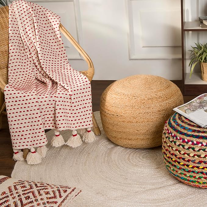 REDEARTH · Jute Circular Jute Pouf Ottoman - Braided Pouffe Accent Sitting Round Footrest for Living Room, Bedroom, Nursery, kidsroom, Patio, Gym; 100% Jute (19.5"x19.5"x14"; Jute Natural)-Ruum Studio Home