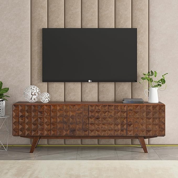 NTC Sapa Mid-Century Modern Solid Wood TV Stand 4-Door Media Console with Carved Geometric Fronts for TVs up to 75", Effortless Assembly, Dark Walnut-Ruum Studio Home