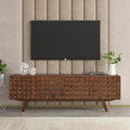 NTC Sapa Mid-Century Modern Solid Wood TV Stand 4-Door Media Console with Carved Geometric Fronts for TVs up to 75", Effortless Assembly, Dark Walnut-Ruum Studio Home