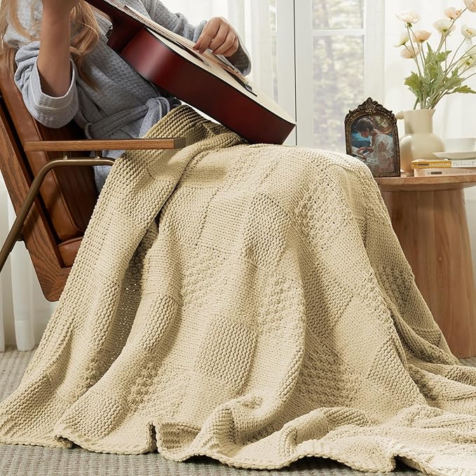 Amélie Home Chenille Knit Throw Blanket for Couch, Checkered Texture Decorative Soft Blanket for Sofa, Bed & Living Room, 50"x60", Beige-Ruum Studio Home