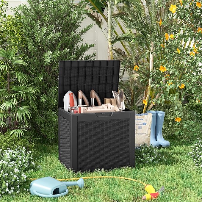 30 Gallon Resin Deck Box, Lockable Patio Outdoor Storage Box for Furniture, Garden Tools and Tools Storage, Waterproof Outside Storage Boxes - Black-Ruum Studio Home