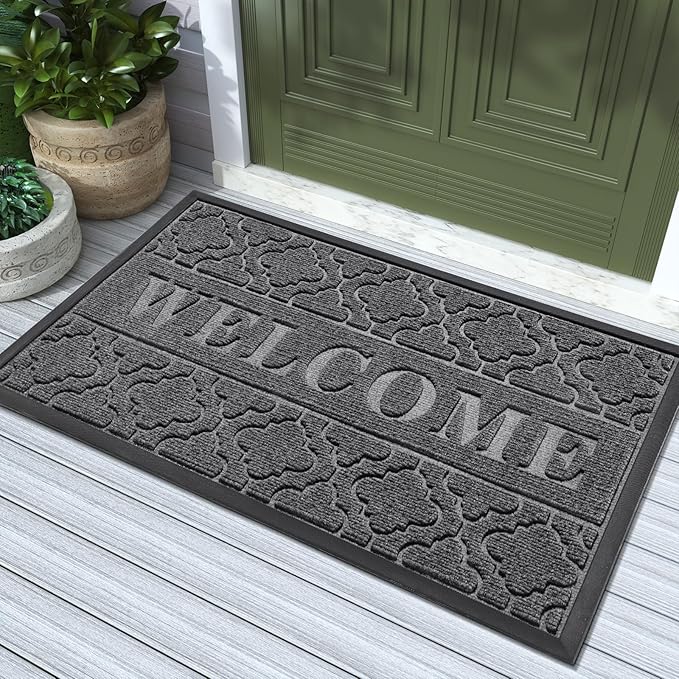 Yimobra Welcome Mat Outdoor Indoor, All-Season Waterproof Front Door Mat Outside Entrance, All-Weather Heavy Duty Non-Slip Doormat, Low Profile Porch Patio Entrance Mats, 47x32, Dark Grey-Ruum Studio Home