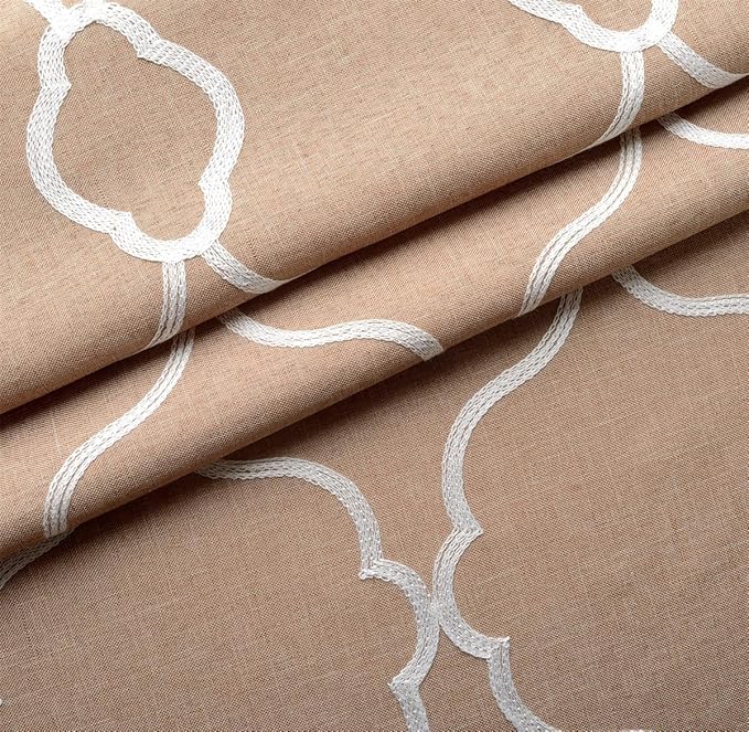 MIUCO Moroccan Embroidered Semi Sheer Curtains Faux Linen Wide Width Grommet Curtains for Bedroom 52 x 63 Inch 2 Panels, Taupe-Ruum Studio Home