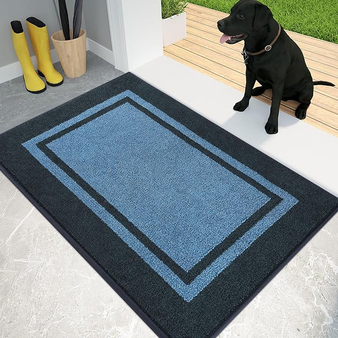 PURRUGS Dirt Trapping Door Mat 24" x 36", Non-Slip/Skid Machine Washable Entryway Rug, Shoes Scraper, Area Rug, Super Absorbent Welcome Mat for Muddy Wet Shoes and Paws, Light Blue & Navy-Ruum Studio Home