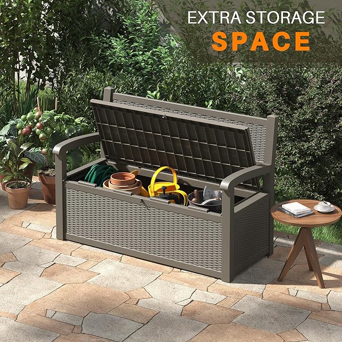 70 Gallon Deck Bench with Storage,Outdoor Storage Box Bench Waterproof&Lockable, Resin Patio Furniture with Armrest for Patio, Porch, Garden,Grey-Ruum Studio Home