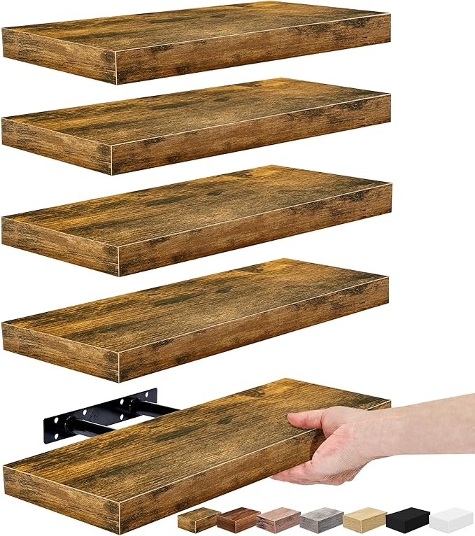 Sorbus Floating Shelves for Wall, Bathroom Shelves Wall Mounted for Kitchen, Bedroom, Living Room, Bathroom Storage, Over Toilet, Hanging Book Shelf for Ｗall Home Decor (Rustic Brown, 5 Pack)-Ruum Studio Home