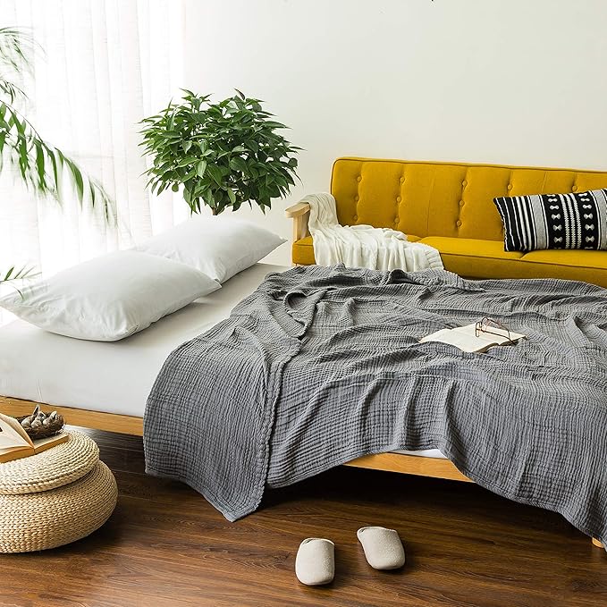 EMME Cotton Blanket Queen Size for Bed Soft Large Muslin Bed Blankets 90"*90" Lightweight Breathable Grey Blanket All Season Gauze Blanket, Grey-Ruum Studio Home