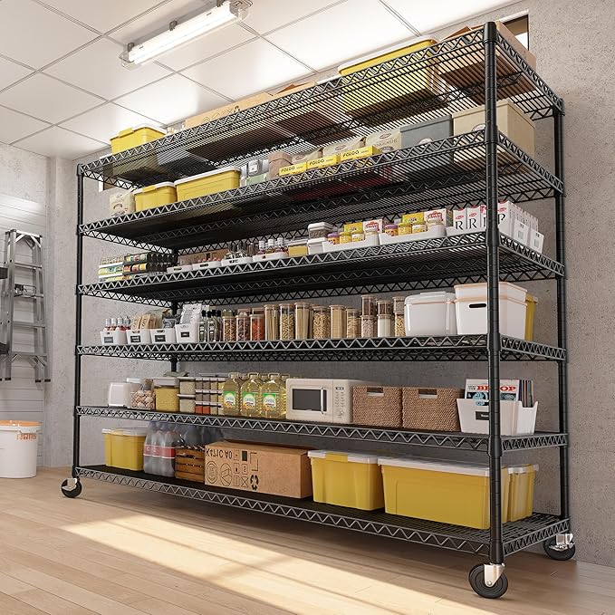 REIBII 60''W X 82.6" H Steel Heavy Duty Wire Shelving Unit with Wheels, 6-Tier Adjustable Storage Shelves 3598LBS Commercial Metal Shelves for Pantry, Garage, College Dorm Industrial Shelving, 2 Pack-Ruum Studio Home