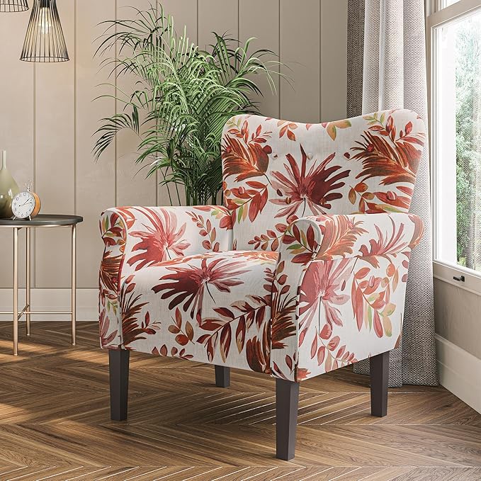 BELLEZE Modern Accent Chair for Living Room, High Back Floral Armchair with Wooden Legs, Upholstered Wingback Side Chair Padded Armrest Single Sofa for Living Room, Bedroom - Allston (Red Floral)-Ruum Studio Home