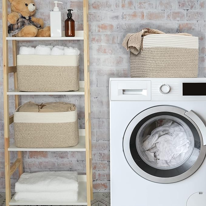 Cotton Rope storage Basket Bins Woven Basket for Organizing Shelves Rectangle Decorative Baskets For storage Clothes Toys Books Towels Square Wicker Nursery basket organizer 3 pack white and brown-Ruum Studio Home