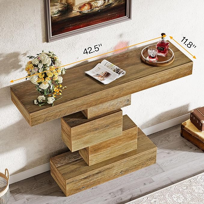 Tribesigns 42.5" Farmhouse Console Table, Narrow Wood Sofa Table Behind Couch with Geometric Base, Industrial Entryway Accent Table for Living Room, Hallway, Entrance (Light Brown)-Ruum Studio Home