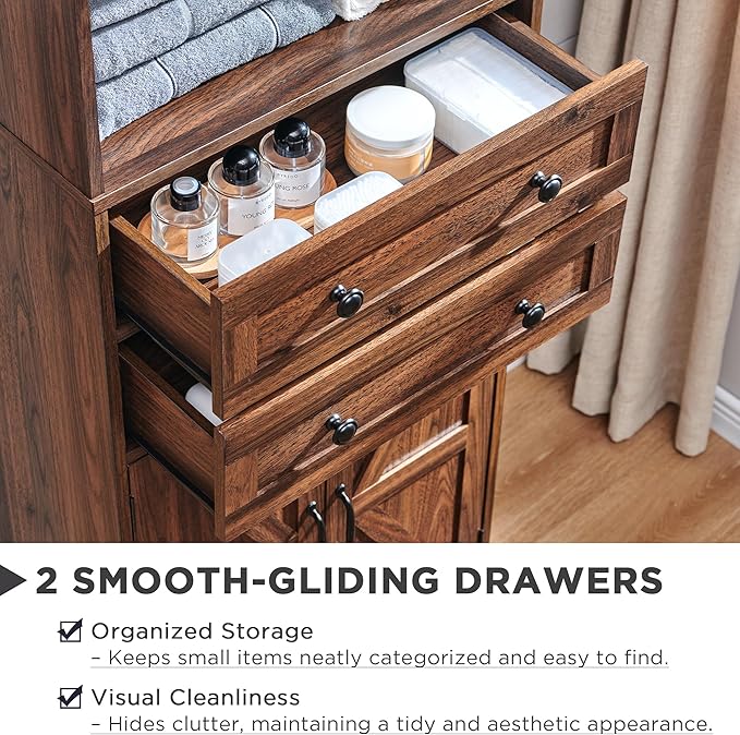 72" Tall Bathroom Storage Cabinet, Farmhouse Storage Cabinet with Adjustable Shelves, Barn Door & 2 Drawers, Cabinet for Bathroom, Living Room & Kitchen, Brown-Ruum Studio Home