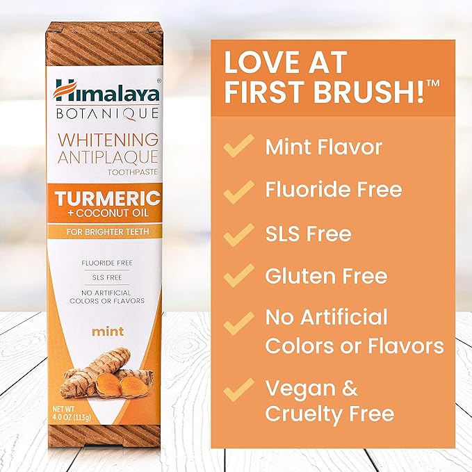 Himalaya Botanique Turmeric & Coconut Oil Whitening Antiplaque Herbal Toothpaste, Whitens Teeth, Fluoride Free, No Artificial Flavors, SLS Free, Vegan, Cruelty Free, Foaming, Mint Flavor, 4 Oz, 2 Pack-Ruum Studio Home