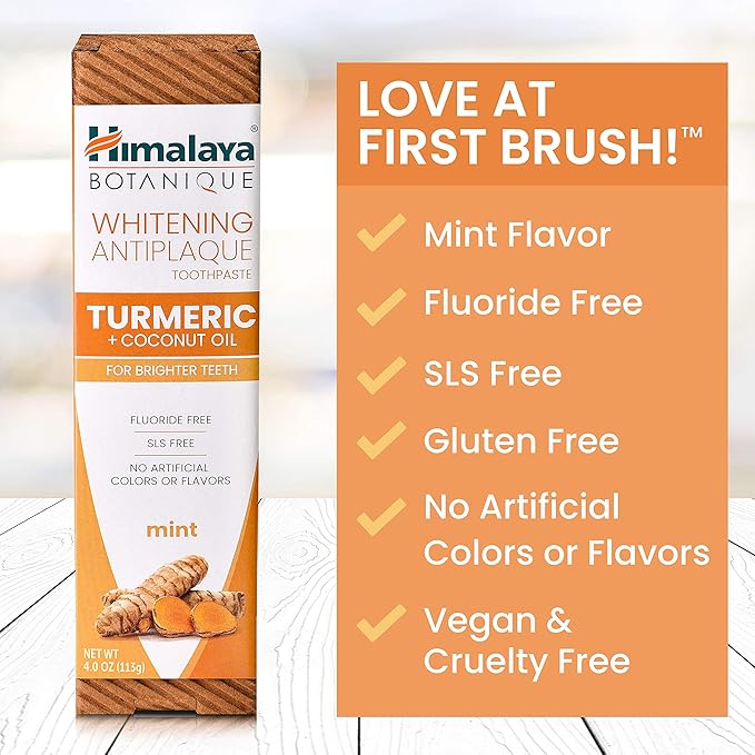 Himalaya Botanique Turmeric & Coconut Oil Whitening Antiplaque Herbal Toothpaste, Whitens Teeth, Fluoride Free, No Artificial Flavors, SLS Free, Vegan, Cruelty Free, Foaming, Mint Flavor, 4 Oz, 1 Pack-Ruum Studio Home