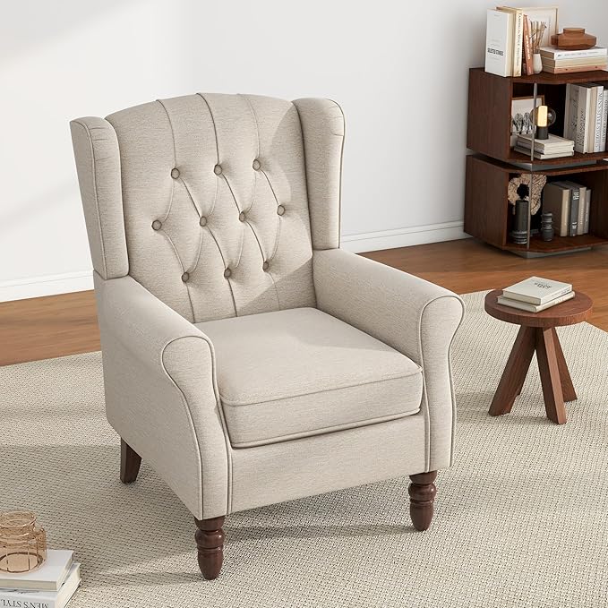UIXE High Back Accent Chair, Upholstered Armchair in Fabric for Living Room, Retro Wingback Arm Chair Comfy Single Sofa Bedroom Reading Seat with Solid Wood Legs - Beige-Ruum Studio Home