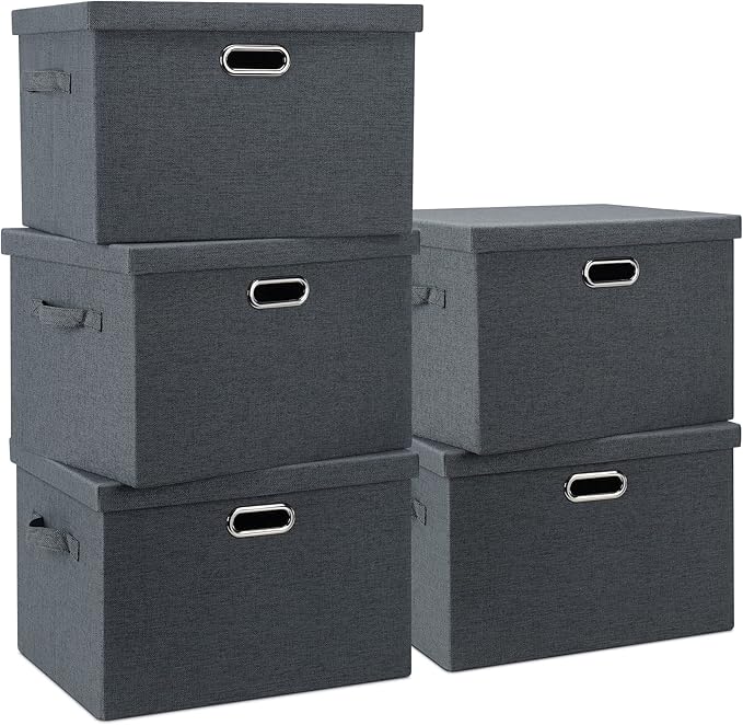 Large 17" 36 Quart Collapsible Stackable Storage Bins with Lids, 5 Packs Dark Gray Foldable Fabric Closet Storage Boxes with Lids Heavy-duty Linen Cube Baskets(17 x 12 x 11)-Ruum Studio Home