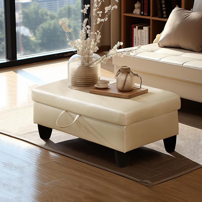Ottoman Rectangular Storage Ottoman Bench, Faux Leather Footrest, Coffee Table, Stool Footstool with Hinged Lid for Living Room, Bedroom, Entryway, White, 28.5"x19"x17.5"-Ruum Studio Home