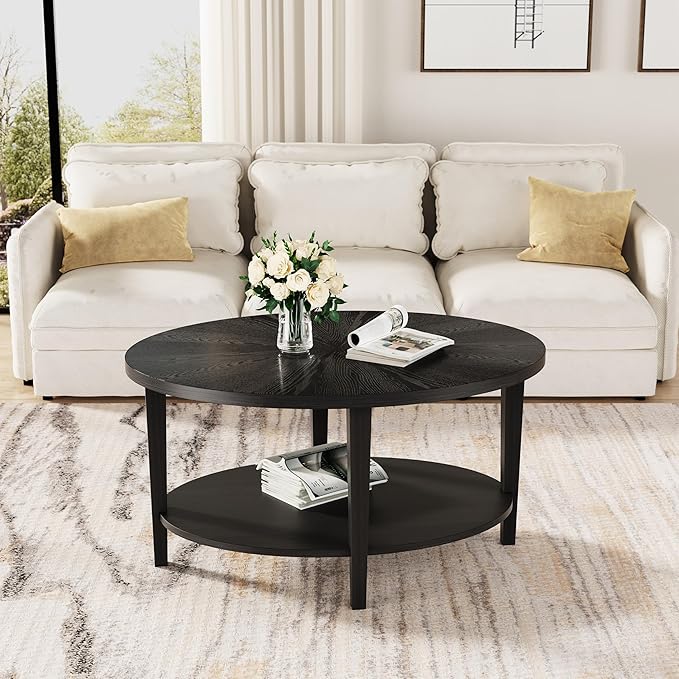Solid Wood Oval Coffee Table for Living Room, 2 Tier Oval Rustic Coffee Table with Storage Shelf, Double Layer Center Table for Living Room, Easy Assembly-Ruum Studio Home