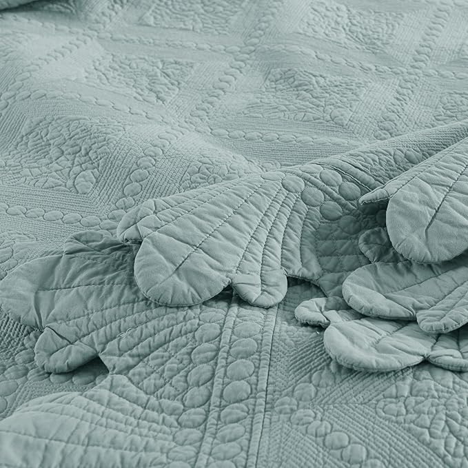 MarCielo 3-Piece 100% Cotton Oversized Bedspread Lightweight Quilt Coverlet Embroidery Farmhouse Bedding Set (Tk Aqua Green, Oversized Queen (100"x106"))-Ruum Studio Home