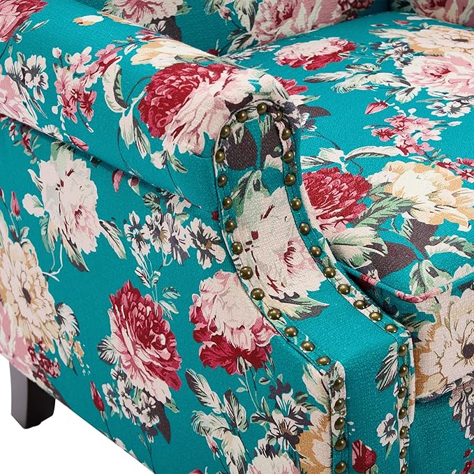 UIXE High Back Floral Accent Chair, Upholstered Armchair in Fabric, Retro Printed Wingback Arm Chair for Living Room, Nailhead Trim Single Sofa Bedroom Reading Seat - Peacock Blue-Ruum Studio Home