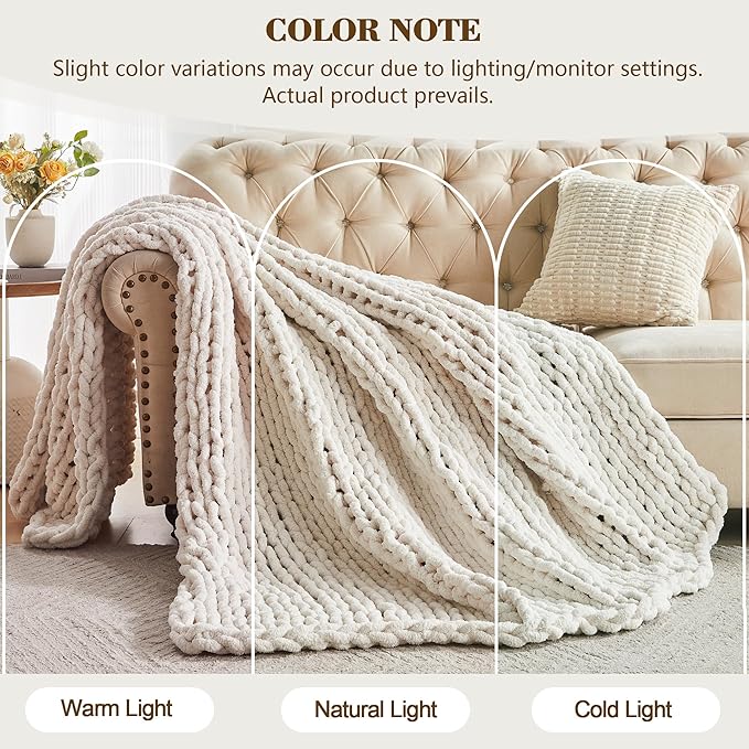 Carriediosa Chunky Knit Throw Blanket 50" X 60", 100% Hand Made Large Chenille Loop Yarn Soft Fluffy Throws for Couch Sofa Bed, Big Crochet Cozy Heavy Thick Cable Woven Blankets, Cream White-Ruum Studio Home