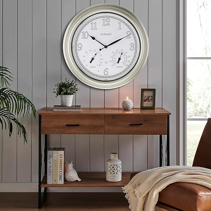 CLXEAST 18 Inch Illuminated Outdoor Indoor Atomic Analog Wall Clock with Temperature & Humidity Combo, Lighted Outdoor Clocks for Patio Large Waterproof with Thermometer, Modern Morning Silver/Gold-Ruum Studio Home
