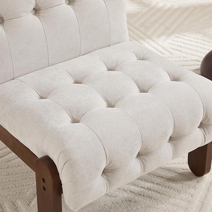 Modern Armless Accent Chair Set of 2 for Living Room, Beige Linen Button Tufted Upholstered Lounge Reading Chair with Walnut Wood Frame-Ruum Studio Home