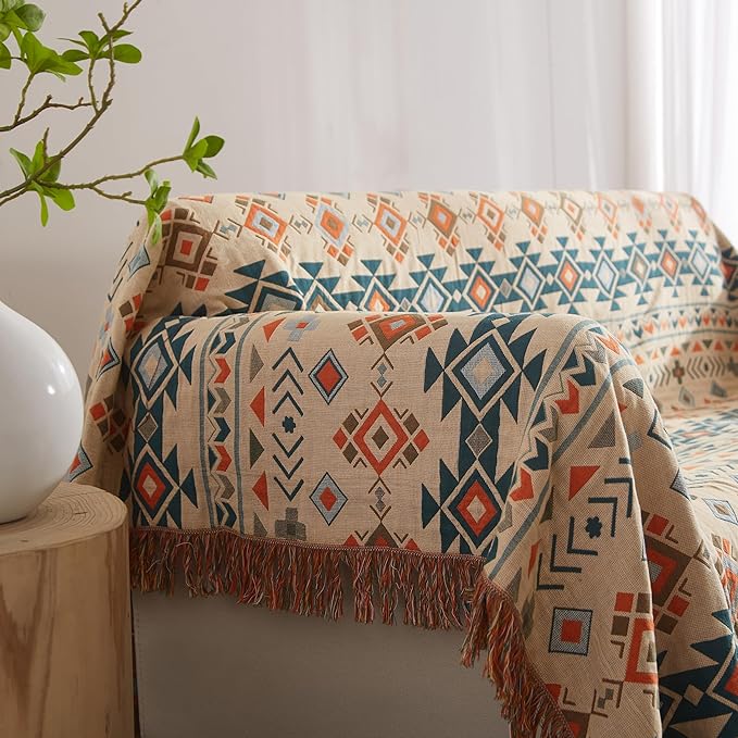 Boho Throw Blanket for Bed 60”x80”, 100% Cotton Woven Blanket for Couch Sofa, Ultra Soft 4-Layer Muslin Quilt with Diamond Pattern, Farmhouse Bed Blanket/Cover for Living Room Decor-Ruum Studio Home