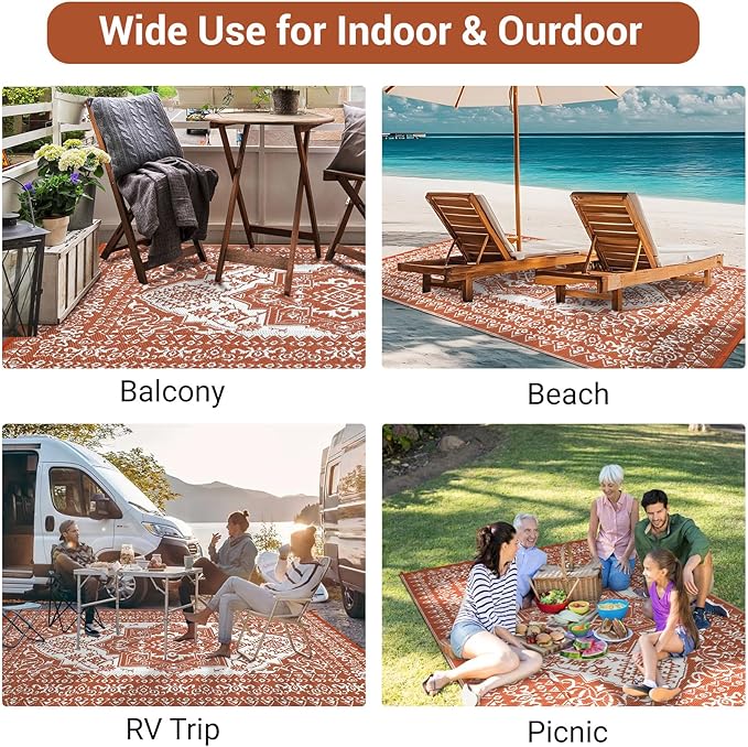 GAOMON Outdoor Rugs for Patio 8x10 Waterproof Reversible Plastic Straw Rug, Large UV-Resistant Portable RV Camping Mats, Indoor Outdoor Medallion Carpet for Outside Deck Porch Garden, Red & White-Ruum Studio Home