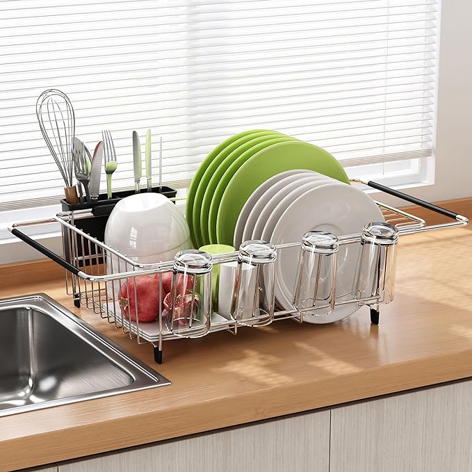 Dish Drying Rack in Sink, Expandable Stainless Steel Dish Drainers for Kitchen Counter, Dish Dryer Rack for Inside Sink, Over The Sink Dish Racks with Utensil Holder, Silver-Ruum Studio Home