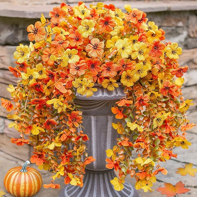 INSPRING Artificial Fall Flowers for Outdoors Decoration, 2Pcs Fake Fall Light Orange & Yellow Hanging Flowers, Faux Autumn Decor for Porch Patio Balcony Planter, Realistic Arrangement-Ruum Studio Home
