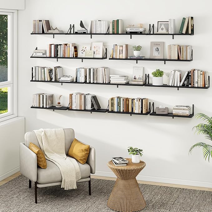 Heimlove 48 Inch Large Floating Bookshelves Set of 3,Black Wall Mounted Bookshelves,Heavy Duty Wooden Shelves for Living Room,Bedroom,Kitchen,Laundry Room Storage & Decor-Ruum Studio Home